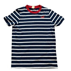 Hollister Mens XL Striped T-Shirt Navy Blue White Red Crew Neck Seagull Logo